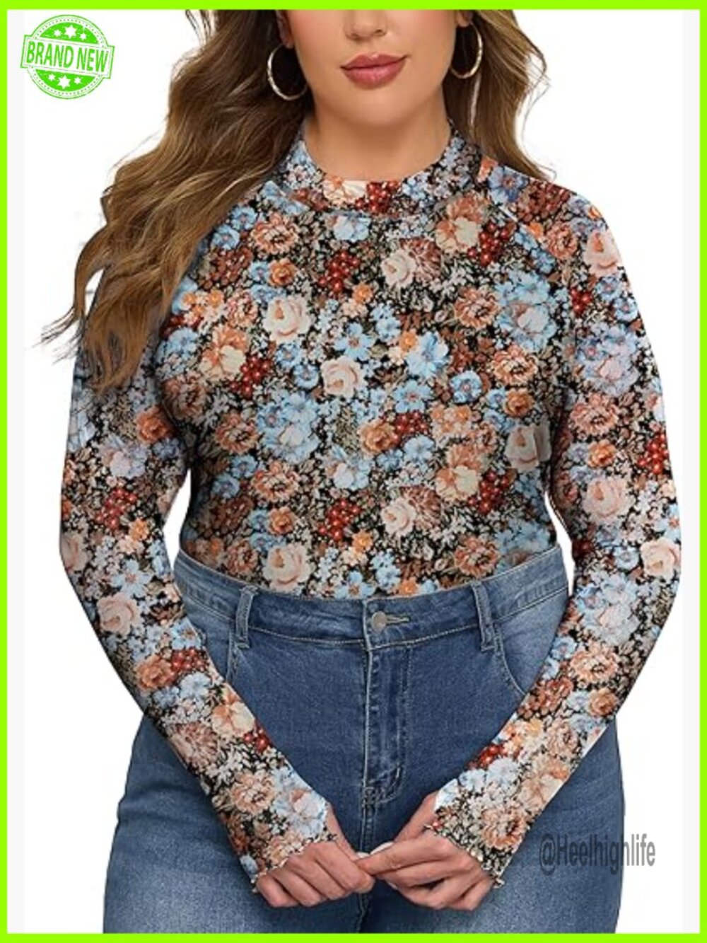 Plus Size Floral Mesh Top Mock Neck Long Sleeve Sheer Blouse Going Out